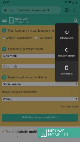 Screenshot optie onder powerknop