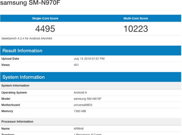 Samsung Galaxy Note 10 Geekbench score