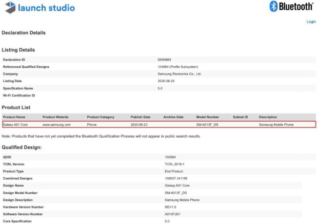 Bluetooth SIG Galaxy A01 Core