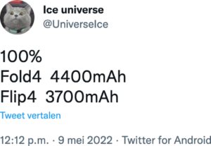 Tweet over Samsung Galaxy Z Flip 4 batterijformaat van @universeice