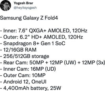 Samsung Galaxy Z Fold 4 specifications from @heyitsyogesh