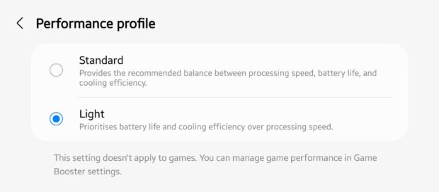 Light Performance Profile on the Samsung Galaxy Z Fold 4 