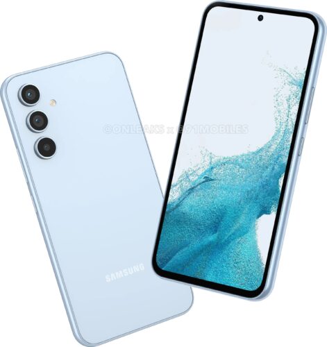 Render, der das Samsung Galaxy A54 5G in Blau zeigt, veröffentlicht auf 91mobiles von onleaks