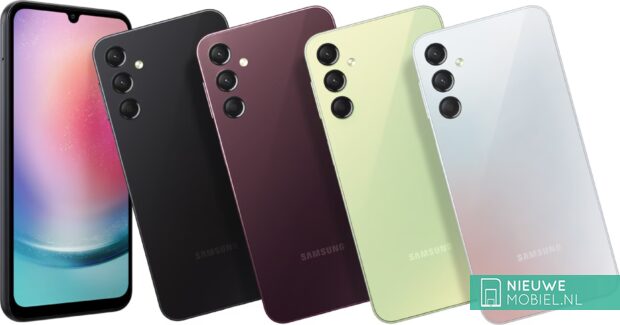 Nieuw aangekondigde Samsung Galaxy A24 in alle beschikbare kleuren waaronder Vampire Black en Lime Gree