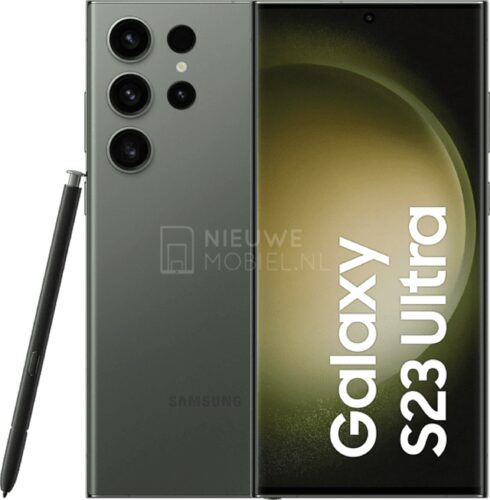 Samsung Galaxy S23 Ultra render front and back with S Pen in Green