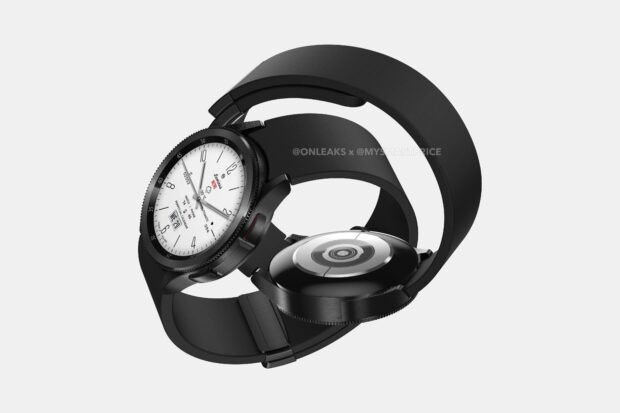 Render van de Samsung Galaxy Watch 6 Classic in het zwart met de voor- en achterkant