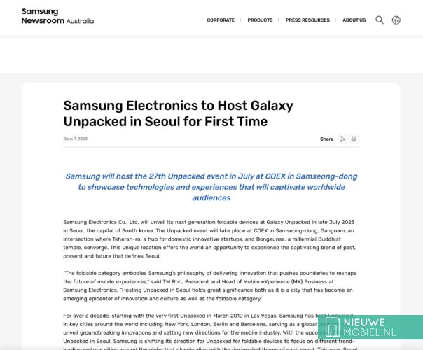 Samsung Newsroom Australia blog post about the next Galaxy Unpacked at COEX