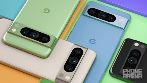 Render van de Google Pixel 8 Pro in vier verschillende kleuren