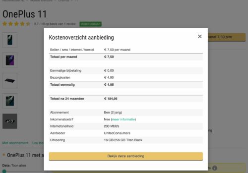 Foutje, bedankt! UnitedConsumers biedt per ongeluk nieuwe OnePlus 11 aan voor €7,5/mnd zonder bijbetalen voor een toestel wat los ruim €700 kost. Too good to be true