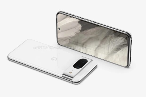 Render showing the Google Pixel 8 laying flat on a surface