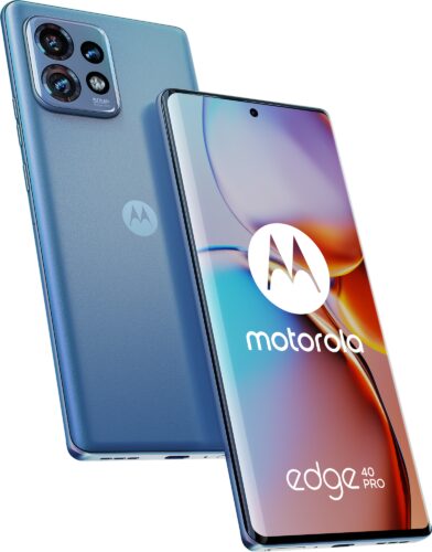 Front and back of the Motorola edge 40 Pro in Lunar Blue