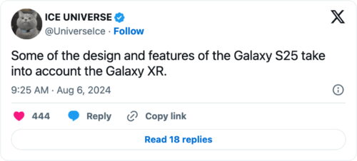 @UniverseIce tweet about the Samsung S25 design holding account with the Galaxy XR