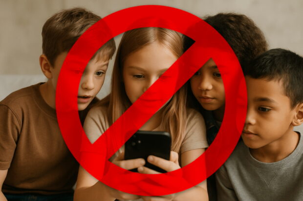 Kids On Smartphone With Forbidden Sign