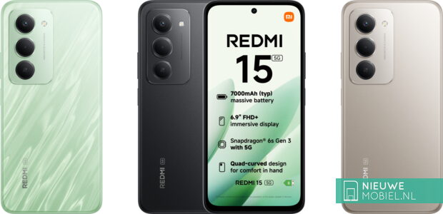 Xiaomi Redmi 15 front and back view in all colors