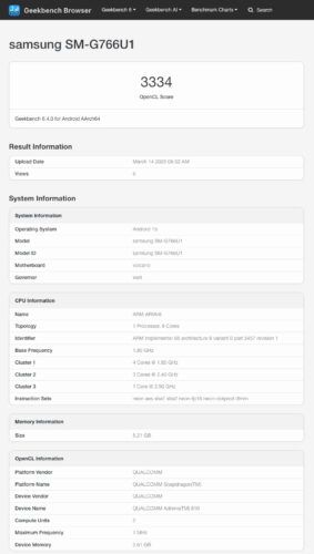 Geekbench report of Samsung Galaxy Xcover 8 Pro via Sammobile