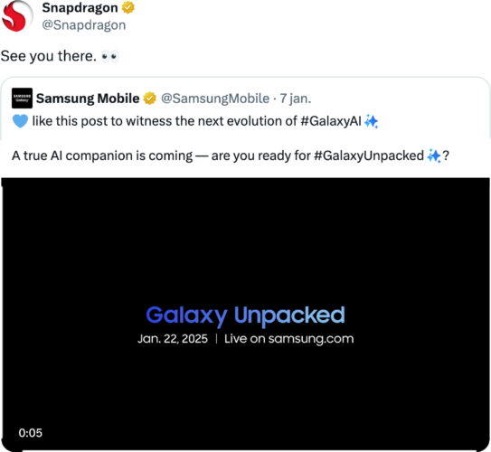 Snapdragon account mentioned Samsung S25 Series tweet