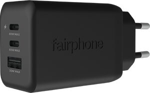 Fairphone 65w triple port fast charger zwart voorkant rechterzijkant