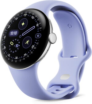Google Pixel Watch 4 41mm zilver blauw band voorkant rechterzijkant schuin
