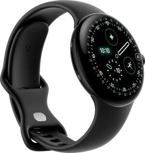 Google Pixel Watch 4 45mm zwart voorkant linkerzijkant