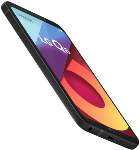 LG Q6 black front left side bottom tilted ed