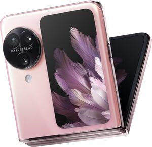 Oppo Find N3 Flip pink front right side tilted ed half closed