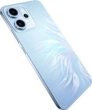 Oppo Reno14 F 5G blauw achterkant rechterzijkant schuin