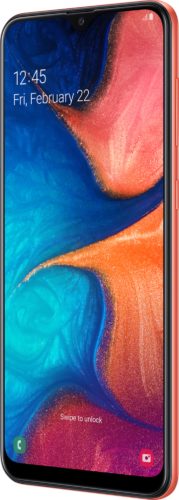 Samsung Galaxy A20e oranje voorkant rechterzijkant