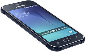 Samsung Galaxy J1 Ace Duos negro tapa delantera lado izquierdo abajo aslant