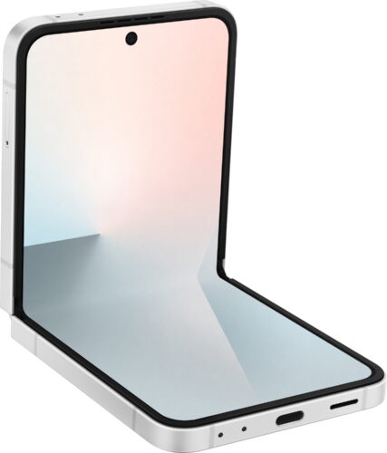 Samsung Galaxy Z Flip 7 FE wit binnenkant linkerzijkant onderkant half geopend