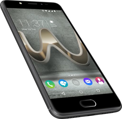 Wiko Ufeel Prime grijs voorkant linkerzijkant onderkant